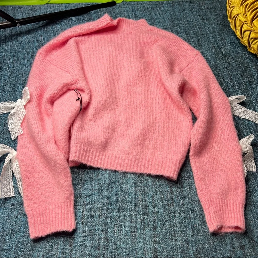 Threaded Leaf Pink Bow Sleeve Soft Sweater in Women's Size XL NWT
